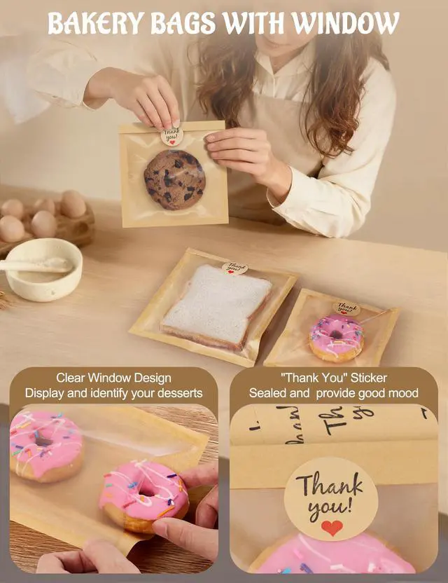 Alt view image 2 of 7 - 100 Pack Cookie Bags with Heat Sealing, 5.7 x 6.5 Inch Bakery Bags with Window, Grease Resistant Cookie Packing for Treats, Baked Goods, Bagel, Cake Slice, Sandwich (5.7"x6.5"-100pcs)