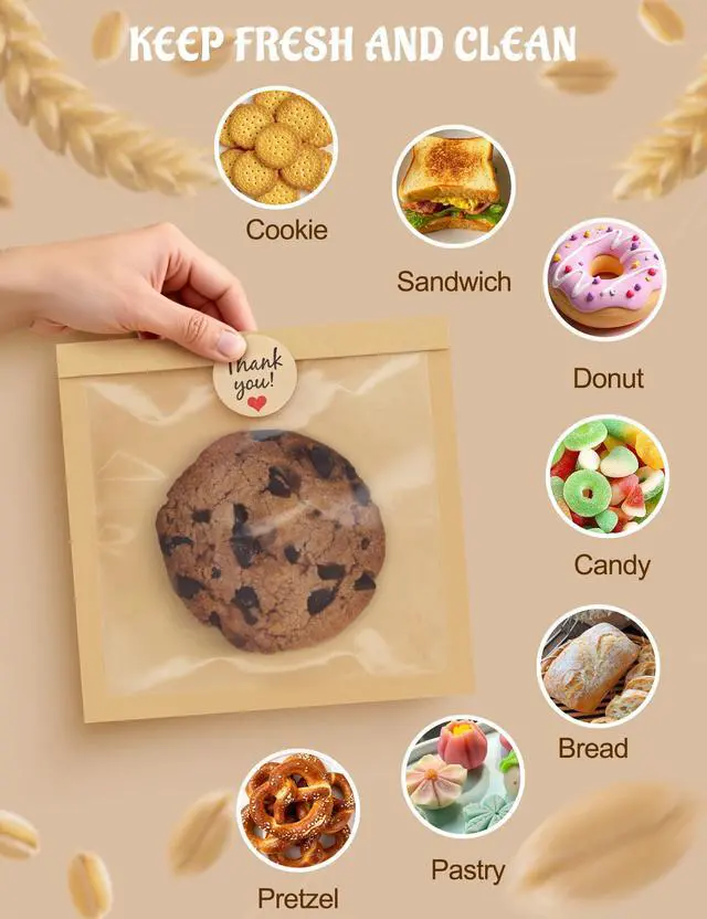 Alt view image 6 of 7 - 100 Pack Cookie Bags with Heat Sealing, 5.7 x 6.5 Inch Bakery Bags with Window, Grease Resistant Cookie Packing for Treats, Baked Goods, Bagel, Cake Slice, Sandwich (5.7"x6.5"-100pcs)