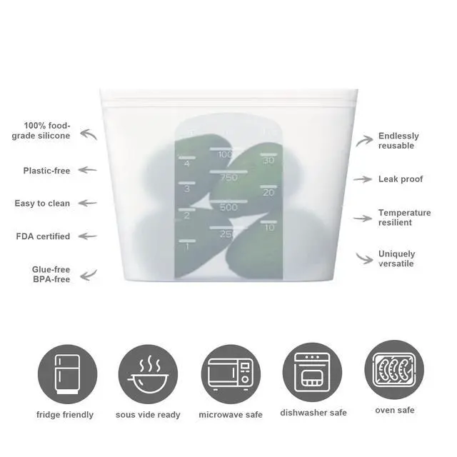 Alt view image 2 of 7 - Reusable Silicone Food Storage Bag, for Microwave, Oven, Fridge, Freezer & Sous Vide Zip Sealed Containers (2 Middle size 32oz 1000ml)