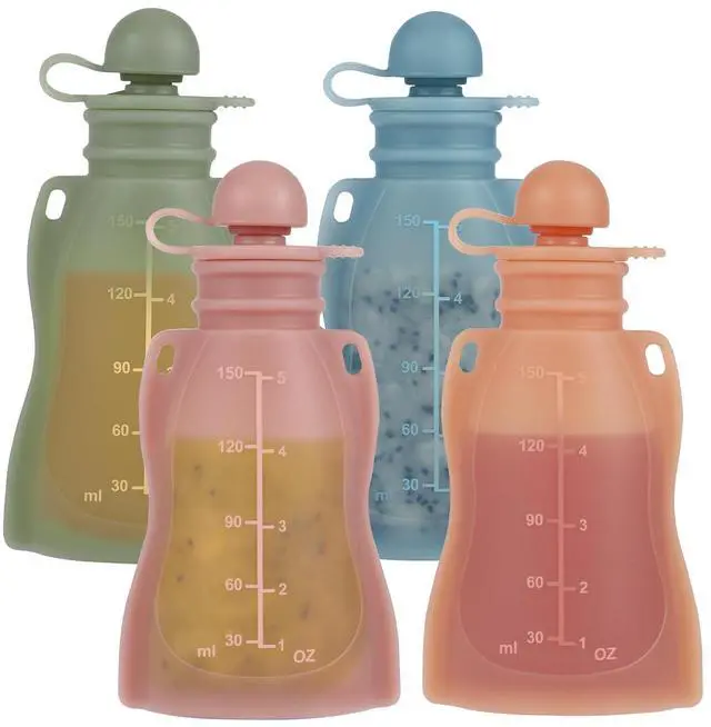 Main image of Reusable Baby Food Pouches with Straws, 4 Pack Refillable Silicone Squeezable Pouch for Kids Toddlers, BPA Free, Baby Food Storage Containers for Make Homemade, 5 oz
