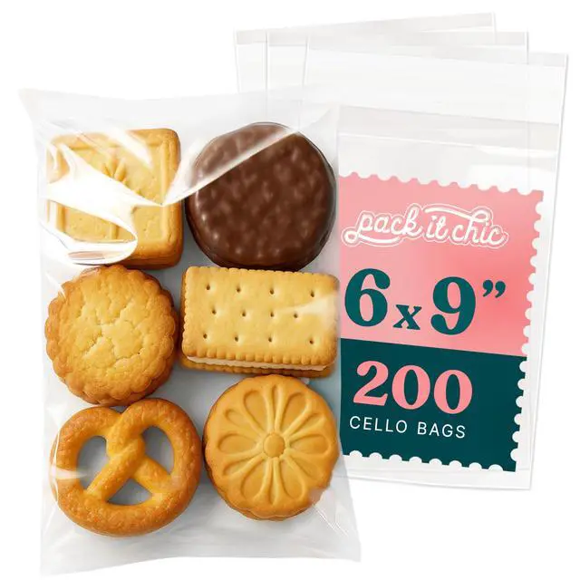 Main image of 6" X 9" Self Sealing Cellophane Bags (200 Pack) - Clear Cookie and Pretzel Rod Bags With Seal for Baked Goods Packaging, Cookie Wrappers, Bakery Packaging, Bake Sale, Candy, Treats, Goodies, Gifts