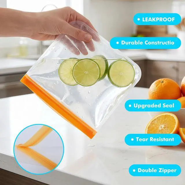 Alt view image 2 of 7 - 10 Pack Reusable Freezer Bags, Leakproof Reusable Silicone Food Storage Bags BPA Free Contaizers, Snack Sandwich Gallon Bags for Meal Prep, Marinate Meat, Salad Fruit, Veggies, Lunch, Travel, Kitchen