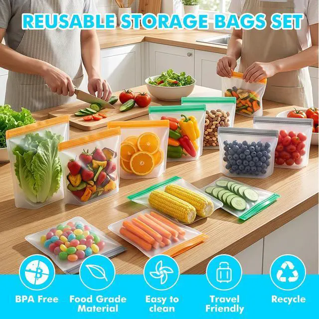 Alt view image 3 of 7 - 10 Pack Reusable Freezer Bags, Leakproof Reusable Silicone Food Storage Bags BPA Free Contaizers, Snack Sandwich Gallon Bags for Meal Prep, Marinate Meat, Salad Fruit, Veggies, Lunch, Travel, Kitchen