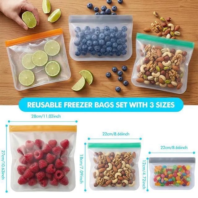 Alt view image 5 of 7 - 10 Pack Reusable Freezer Bags, Leakproof Reusable Silicone Food Storage Bags BPA Free Contaizers, Snack Sandwich Gallon Bags for Meal Prep, Marinate Meat, Salad Fruit, Veggies, Lunch, Travel, Kitchen