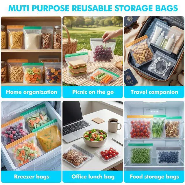 Alt view image 7 of 7 - 10 Pack Reusable Freezer Bags, Leakproof Reusable Silicone Food Storage Bags BPA Free Contaizers, Snack Sandwich Gallon Bags for Meal Prep, Marinate Meat, Salad Fruit, Veggies, Lunch, Travel, Kitchen