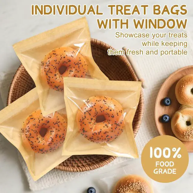 Alt view image 4 of 7 - Paper Sandwich Bags 100 Pcs 7.1 X 7.5 In Kraft Brown Paper Bags with Window Individual Heat Seal Bakery Bag with Sticker Cookie Bag for Party Favors Snacks Treats Bread Baked Goods Packaging