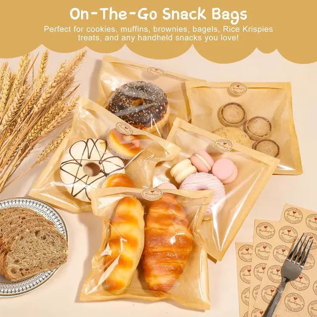 Alt view image 5 of 7 - Paper Sandwich Bags 100 Pcs 7.1 X 7.5 In Kraft Brown Paper Bags with Window Individual Heat Seal Bakery Bag with Sticker Cookie Bag for Party Favors Snacks Treats Bread Baked Goods Packaging
