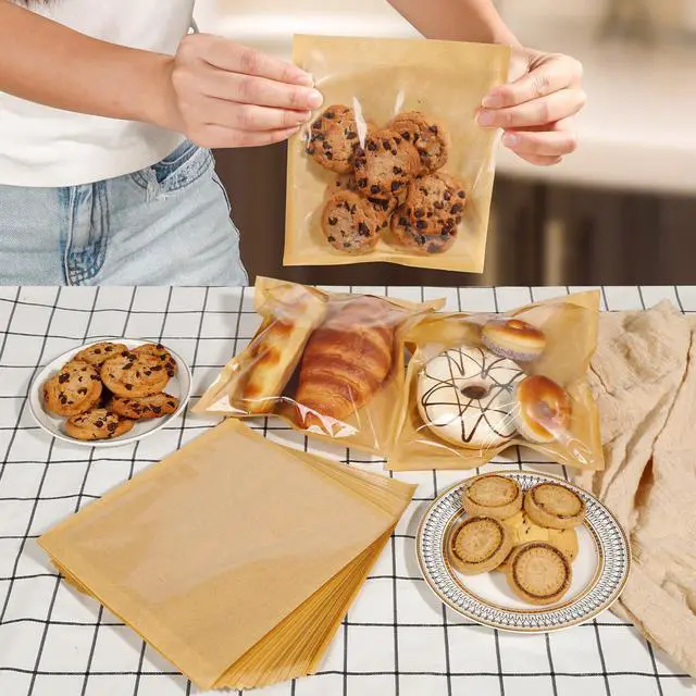 Alt view image 6 of 7 - Paper Sandwich Bags 100 Pcs 7.1 X 7.5 In Kraft Brown Paper Bags with Window Individual Heat Seal Bakery Bag with Sticker Cookie Bag for Party Favors Snacks Treats Bread Baked Goods Packaging