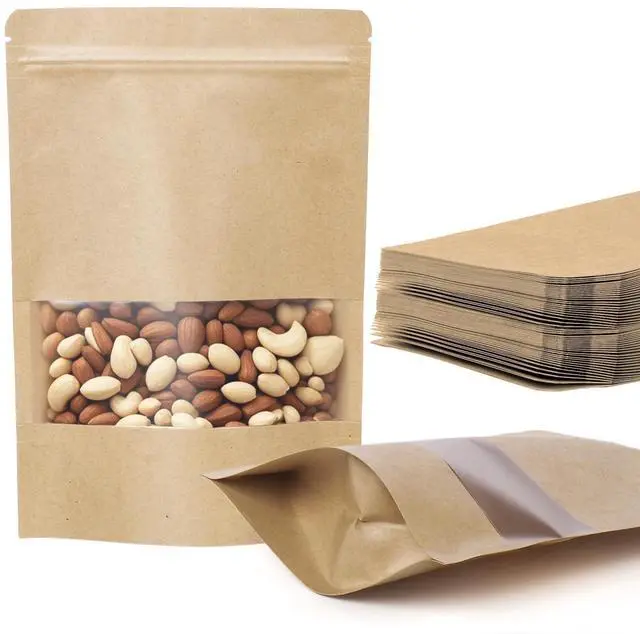 Main image of 100 Pcs Kraft Paper Bags with Window, 3.5" x 5.5" Stand Up Pouches Bags, Food Storage Bags for Packaging Products, Reusable, Sealable