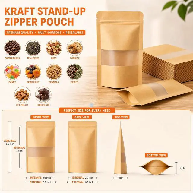 Alt view image 2 of 7 - 100 Pcs Kraft Paper Bags with Window, 3.5" x 5.5" Stand Up Pouches Bags, Food Storage Bags for Packaging Products, Reusable, Sealable