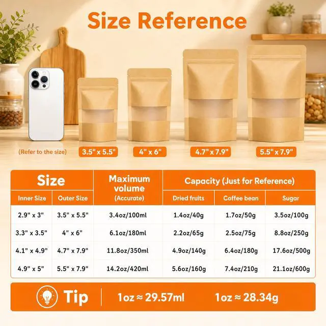 Alt view image 3 of 7 - 100 Pcs Kraft Paper Bags with Window, 3.5" x 5.5" Stand Up Pouches Bags, Food Storage Bags for Packaging Products, Reusable, Sealable