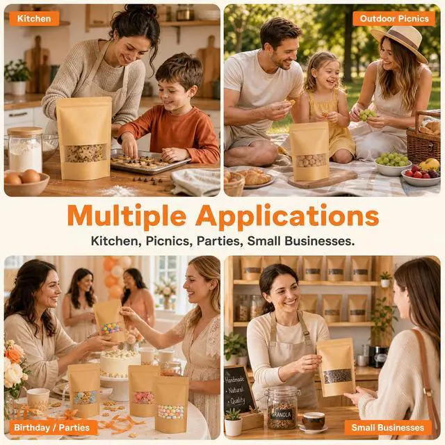 Alt view image 5 of 7 - 100 Pcs Kraft Paper Bags with Window, 3.5" x 5.5" Stand Up Pouches Bags, Food Storage Bags for Packaging Products, Reusable, Sealable