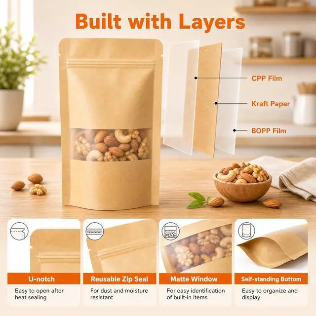 Alt view image 4 of 7 - 100 Pcs Kraft Paper Bags with Window, 3.5" x 5.5" Stand Up Pouches Bags, Food Storage Bags for Packaging Products, Reusable, Sealable