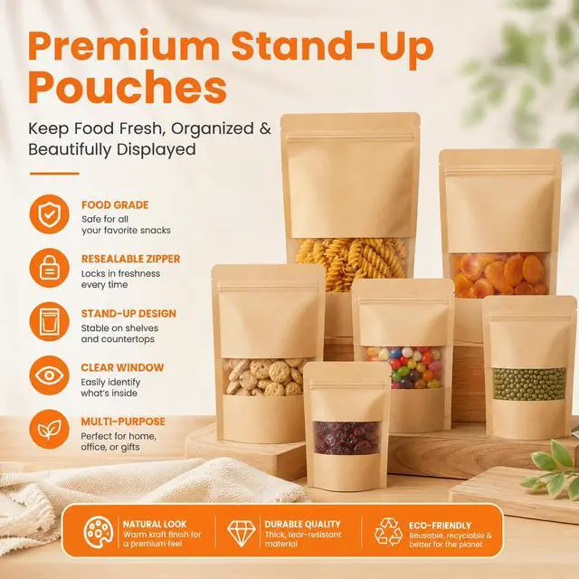 Alt view image 7 of 7 - 100 Pcs Kraft Paper Bags with Window, 3.5" x 5.5" Stand Up Pouches Bags, Food Storage Bags for Packaging Products, Reusable, Sealable