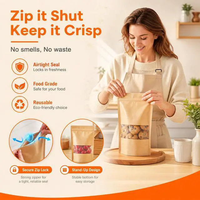 Alt view image 6 of 7 - 100 Pcs Kraft Paper Bags with Window, 3.5" x 5.5" Stand Up Pouches Bags, Food Storage Bags for Packaging Products, Reusable, Sealable