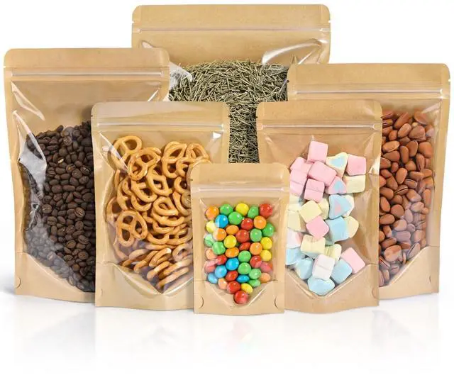 Main image of 100PCS Stand Up Pouches 3.5"x5.5" Paper Bags With Window Clear Front Pouches Resealable Zipper Food Storage Brown