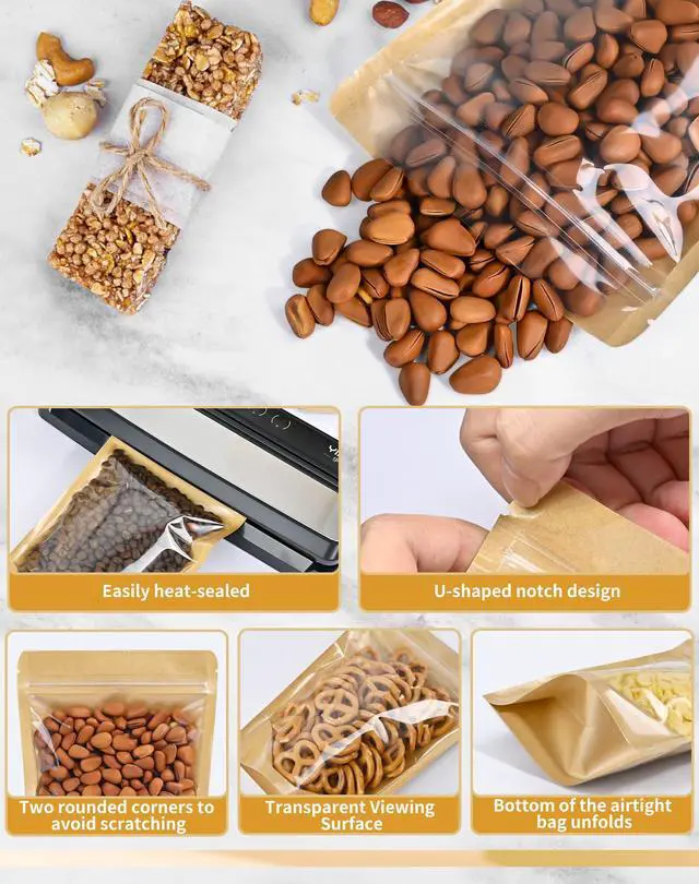 Alt view image 3 of 7 - 100PCS Stand Up Pouches 3.5"x5.5" Paper Bags With Window Clear Front Pouches Resealable Zipper Food Storage Brown