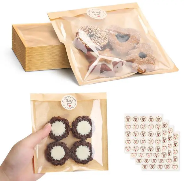 Main image of 100 Pack Cookie Packaging Bags With Seal Stickers,7.1x7.5 Inch Food-Grade Bakery Bags With Window, Heat Sealable Paper Cookie Sleeves for Homemade, Sandwich, Cookies, Cakes, Brown, Donut