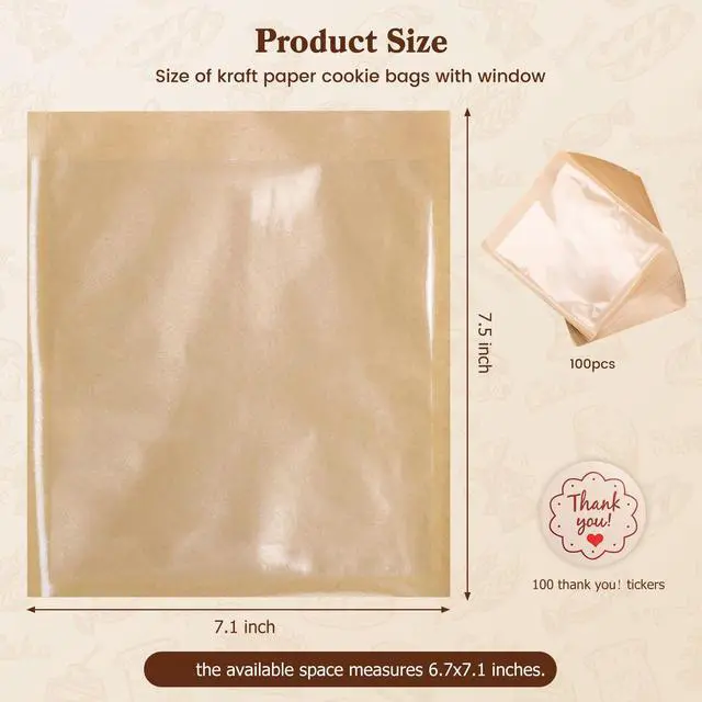 Alt view image 2 of 7 - 100 Pack Cookie Packaging Bags With Seal Stickers,7.1x7.5 Inch Food-Grade Bakery Bags With Window, Heat Sealable Paper Cookie Sleeves for Homemade, Sandwich, Cookies, Cakes, Brown, Donut