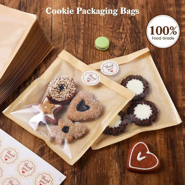 Alt view image 3 of 7 - 100 Pack Cookie Packaging Bags With Seal Stickers,7.1x7.5 Inch Food-Grade Bakery Bags With Window, Heat Sealable Paper Cookie Sleeves for Homemade, Sandwich, Cookies, Cakes, Brown, Donut