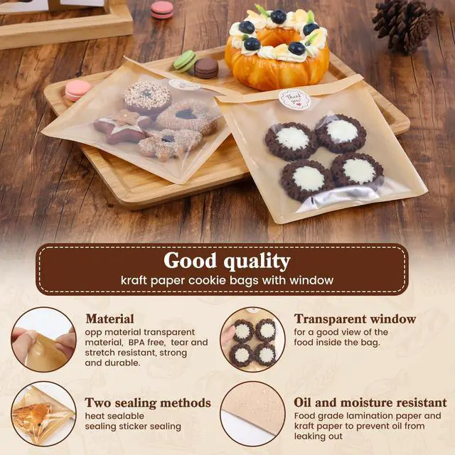 Alt view image 4 of 7 - 100 Pack Cookie Packaging Bags With Seal Stickers,7.1x7.5 Inch Food-Grade Bakery Bags With Window, Heat Sealable Paper Cookie Sleeves for Homemade, Sandwich, Cookies, Cakes, Brown, Donut