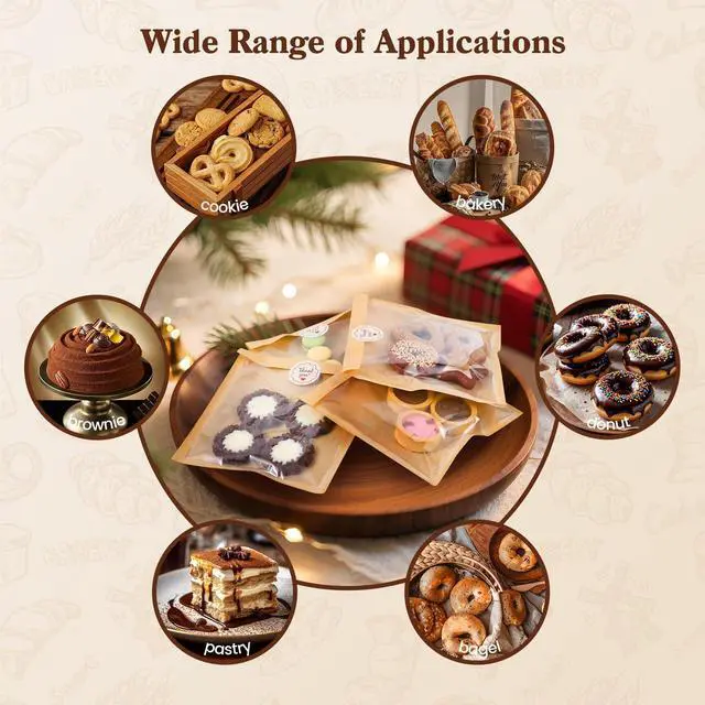 Alt view image 6 of 7 - 100 Pack Cookie Packaging Bags With Seal Stickers,7.1x7.5 Inch Food-Grade Bakery Bags With Window, Heat Sealable Paper Cookie Sleeves for Homemade, Sandwich, Cookies, Cakes, Brown, Donut