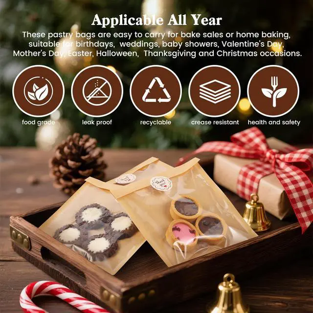 Alt view image 5 of 7 - 100 Pack Cookie Packaging Bags With Seal Stickers,7.1x7.5 Inch Food-Grade Bakery Bags With Window, Heat Sealable Paper Cookie Sleeves for Homemade, Sandwich, Cookies, Cakes, Brown, Donut