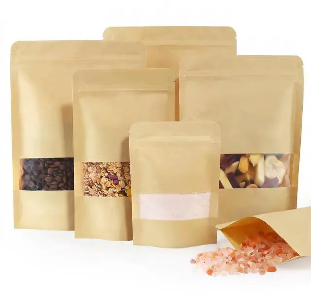 Main image of 100 Pcs Reaselable Bags, Out Size 3.5" x 5.5"(Inner Size 2.9" x 3") Stand Up Pouches Brown Paper Bags with Window, Zipper Food Storage Bags for Packaging Products, Reusable, Sealable