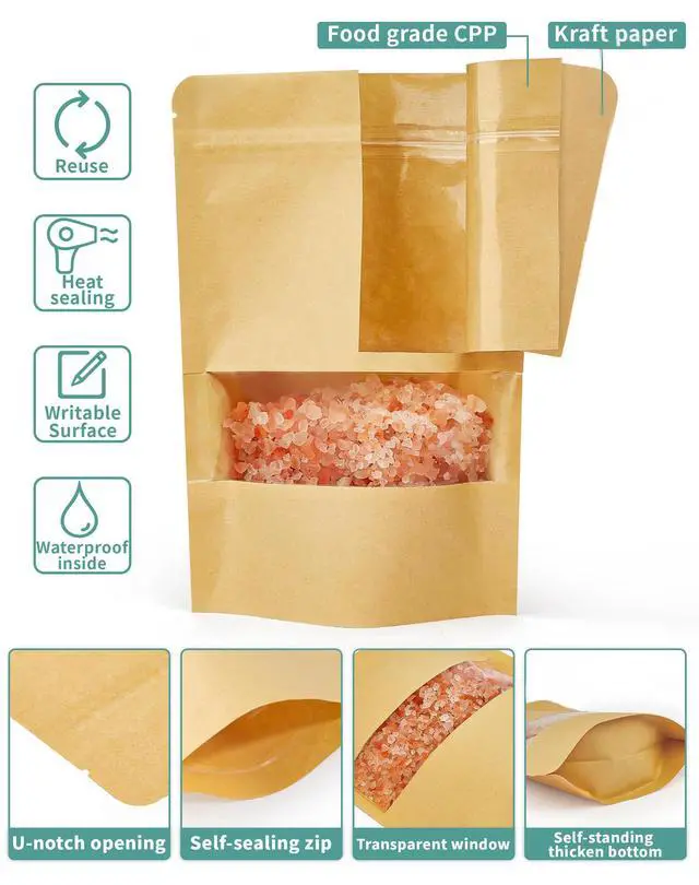Alt view image 3 of 7 - 100 Pcs Reaselable Bags, Out Size 3.5" x 5.5"(Inner Size 2.9" x 3") Stand Up Pouches Brown Paper Bags with Window, Zipper Food Storage Bags for Packaging Products, Reusable, Sealable