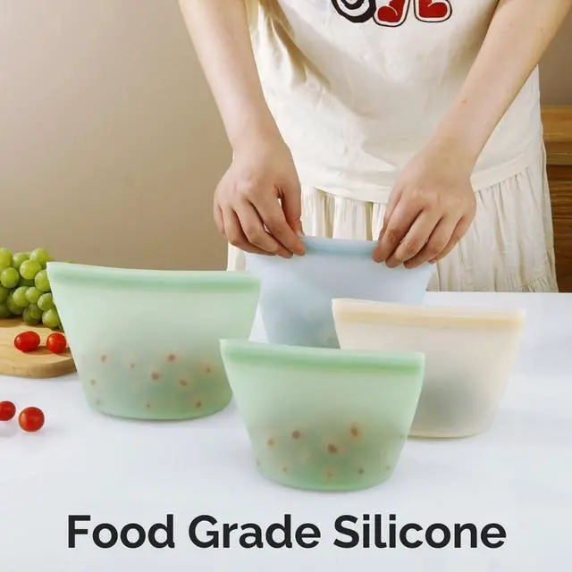 Alt view image 7 of 7 - 4 Pack Reusable Silicone Food Storage Bags, Leakproof Stand-Up Freezer Bags, Microwave & Dishwasher Safe, for Meal Prep, Snacks, Baby Food 2 Large (34 oz) + 2 Medium (17 oz)