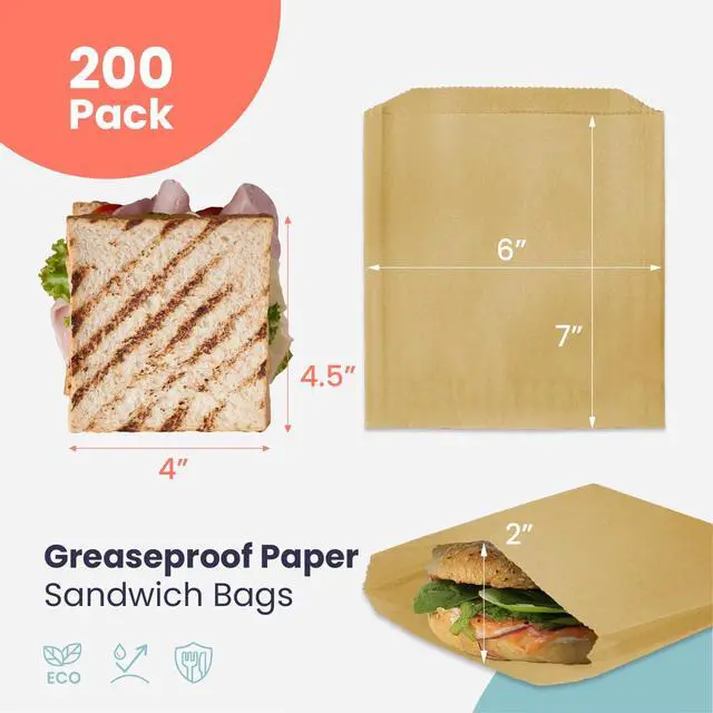Alt view image 2 of 7 - 200 Pack Paper Sandwich Bags 7 x 6, Greaseproof Snack Bags, Unbleached Pastry Bag, Recyclable Small Brown Paper Bags, Cookie Sleeves, Food Packing for Bakery, Donuts, Bagels