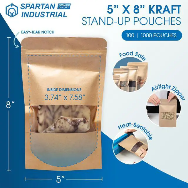 Alt view image 2 of 7 - 5" X 8" Kraft Zip Top Food Storage Bags - Pack of 100 Smell-Proof Resealable Pouches for Packaging Coffee, Tea, Spices, Snacks, and More