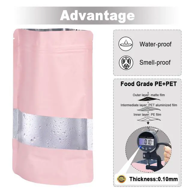 Alt view image 3 of 5 - 120pcs 4"x6" Mylar Bags for Food Storage,Smell Proof Bag with Matte Window Resealable Food Storage Bags for Small Business, Stand-up Foil Pouch Packaging Freeze Dried Candy Bag(Pink)