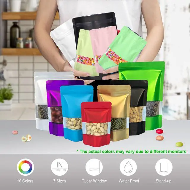 Alt view image 5 of 5 - 120pcs 4"x6" Mylar Bags for Food Storage,Smell Proof Bag with Matte Window Resealable Food Storage Bags for Small Business, Stand-up Foil Pouch Packaging Freeze Dried Candy Bag(Pink)