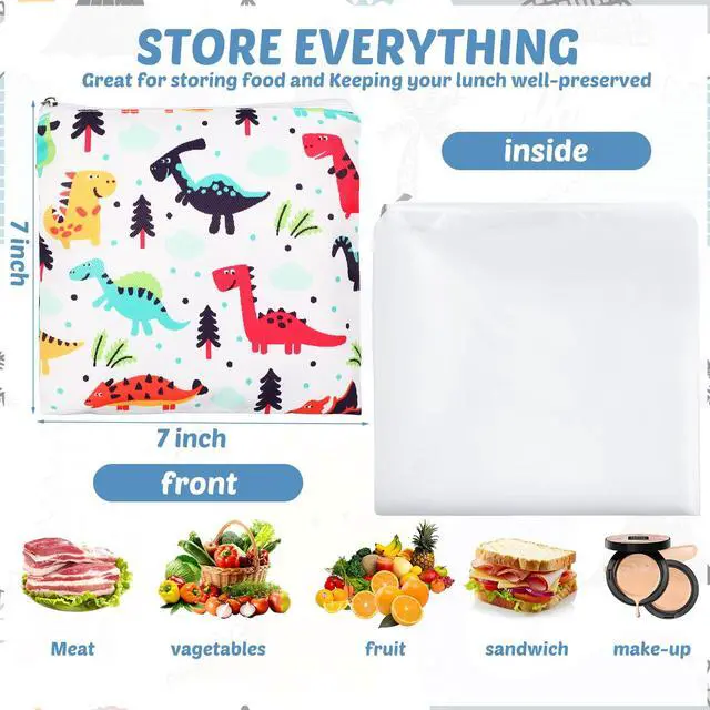 Alt view image 2 of 7 - 6 Pack Reusable Snack Bags for Kids, Washable Sandwich & Food Storage Pouches, Dual-layer Silicone Lined Lunch Bags with Zipper for School & Travel(Animal,7 x 7 Inches)