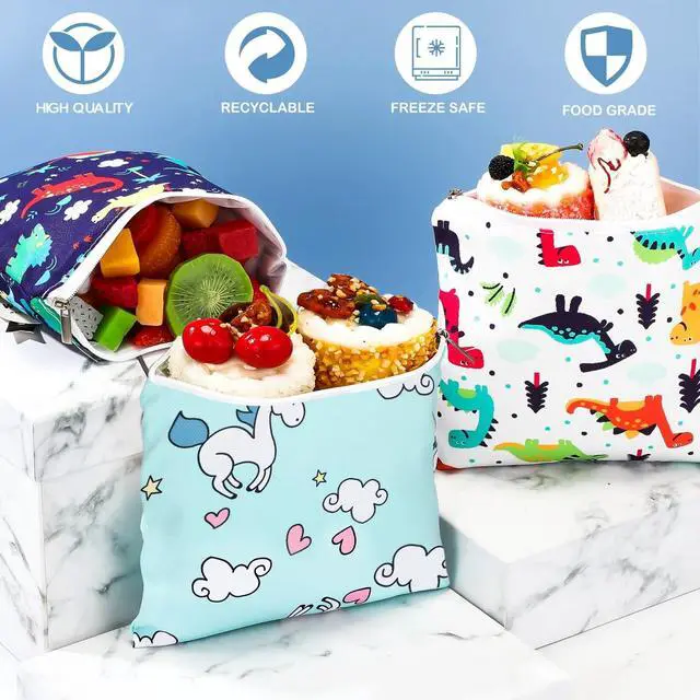 Alt view image 5 of 7 - 6 Pack Reusable Snack Bags for Kids, Washable Sandwich & Food Storage Pouches, Dual-layer Silicone Lined Lunch Bags with Zipper for School & Travel(Animal,7 x 7 Inches)