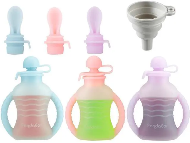 Main image of 3 Pack Reusable Silicone Baby Food Pouches with 3 Puree Feeder Spoons & Funnel | 4oz Toddler Food Storage Pouch with Handle | BPA-Free Baby Squeeze Pouches for Homemade Purees