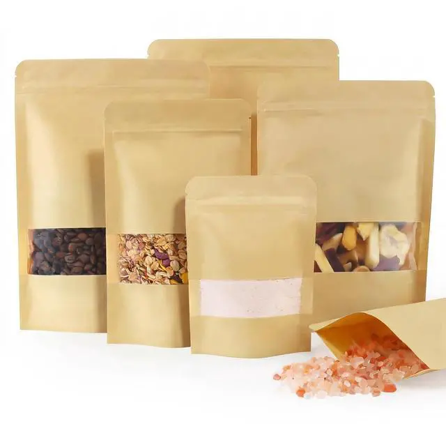 Main image of 100 Pcs Reaselable Bags, Out Size 4.7" x 7.9"(Inner Size 4.1" x 4.9") Stand Up Pouches Brown Paper Bags with Window, Zipper Food Storage Bags for Packaging Products, Reusable, Sealable