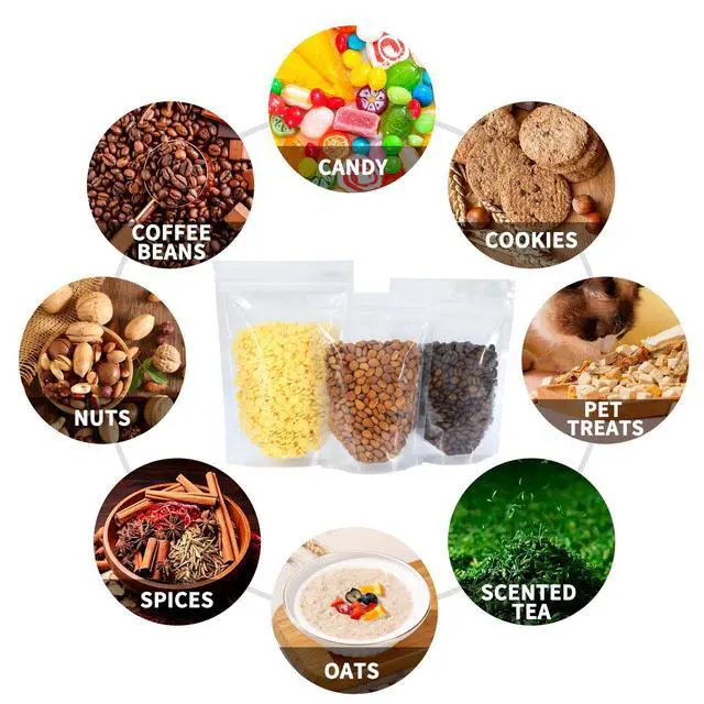 Alt view image 4 of 7 - 100 PCS Resealable Bags, 5.9x8.6 Inch Clear Stand Up Pouch Bags, Zipper Lock Food Storage Bags for Packaging Treat, Candy, Snack, Spices, Herbs and Pet Food