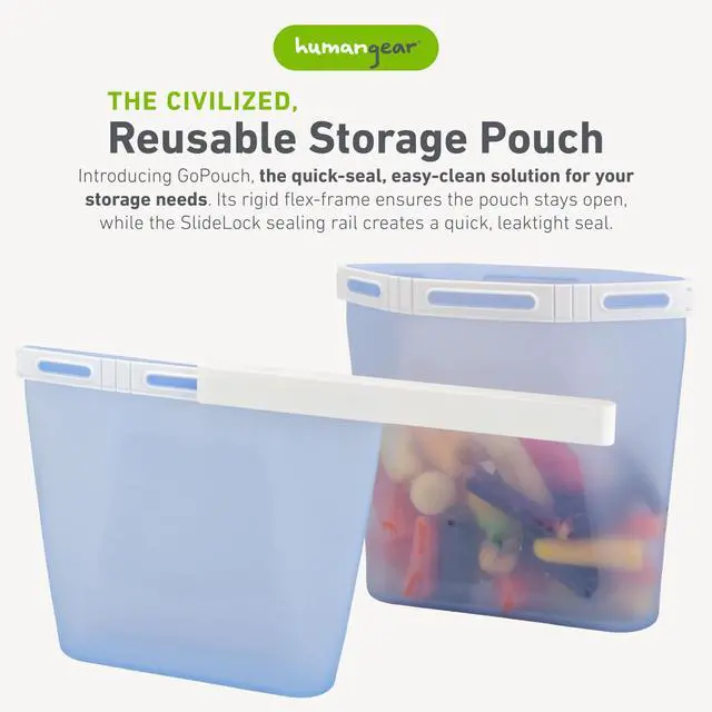 Alt view image 2 of 7 - GoPouch - Flexible Food Storage Container, Quick-Seal, Reusable Pouches, Leak Proof Bag with Slide-Lock Closure System, Blue, Medium