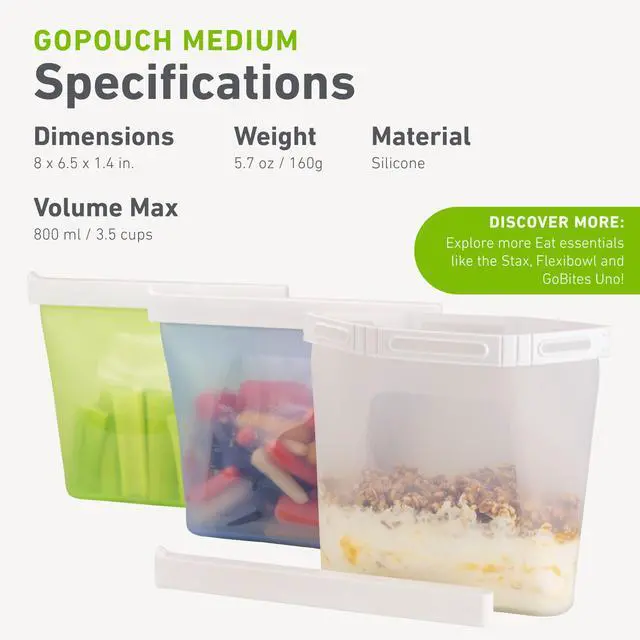 Alt view image 5 of 7 - GoPouch - Flexible Food Storage Container, Quick-Seal, Reusable Pouches, Leak Proof Bag with Slide-Lock Closure System, Blue, Medium