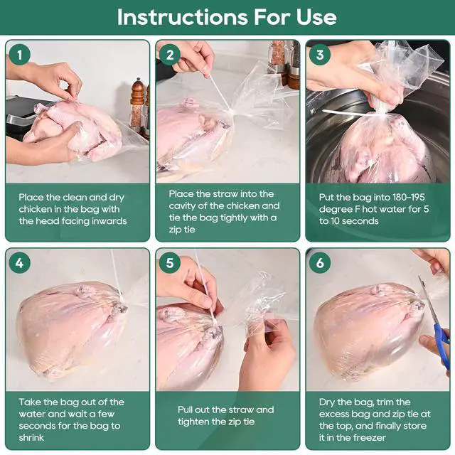Alt view image 6 of 6 - 50 Pcs Poultry Shrink Bags, 10x16 Inch Chicken Shrink Wrap Bags, BPA/BPS Free Heat Shrink Bag for Food Storage and Keeping Fresh, Include Silicone Straw and 50 Zip Ties