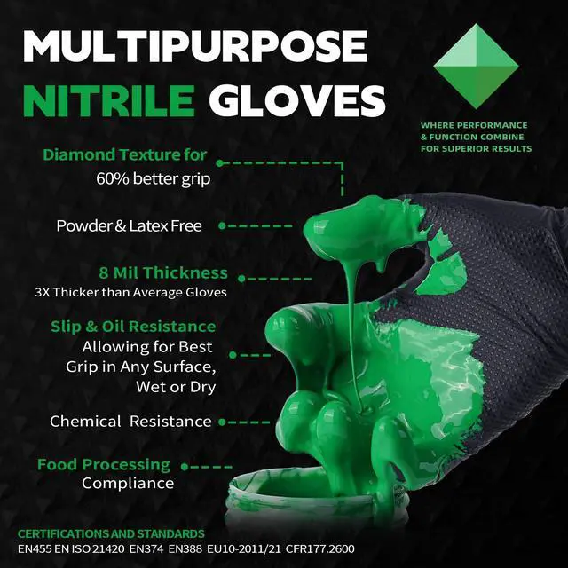 Alt view image 2 of 6 - Heavy Duty Black Industrial Nitrile Disposable Gloves - 100PCS 8Mil Latex-free Powder-free 3D Diamond Mechanic Gloves (Large)