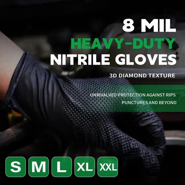Alt view image 3 of 6 - Heavy Duty Black Industrial Nitrile Disposable Gloves - 100PCS 8Mil Latex-free Powder-free 3D Diamond Mechanic Gloves (Large)
