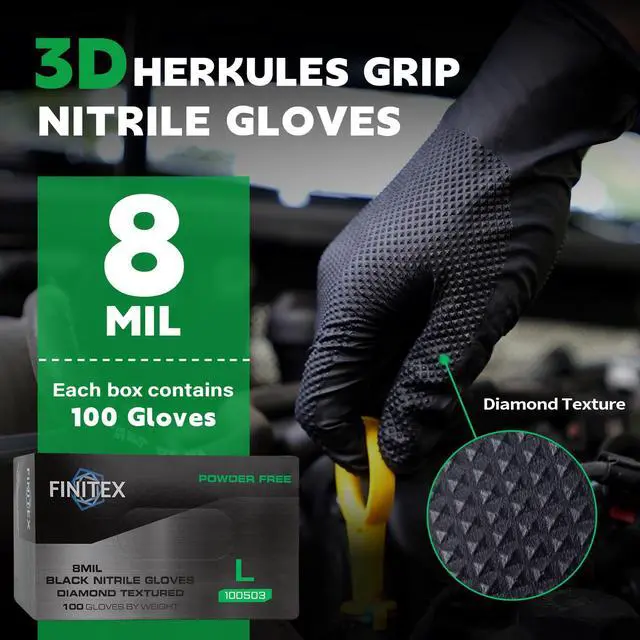 Alt view image 5 of 6 - Heavy Duty Black Industrial Nitrile Disposable Gloves - 100PCS 8Mil Latex-free Powder-free 3D Diamond Mechanic Gloves (Large)