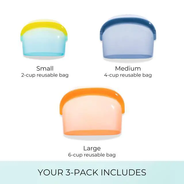 Alt view image 3 of 7 - Reusable Silicone Food Storage Bags (3-Pack) | Stand-Up Wide Bottom Leakproof Silicone Freezer Bags | BPA-Free Microwave & Dishwasher Safe | Eco-Friendly Airtight Snack & Meal Prep Bags