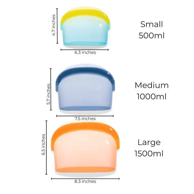 Alt view image 4 of 7 - Reusable Silicone Food Storage Bags (3-Pack) | Stand-Up Wide Bottom Leakproof Silicone Freezer Bags | BPA-Free Microwave & Dishwasher Safe | Eco-Friendly Airtight Snack & Meal Prep Bags