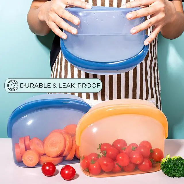 Alt view image 6 of 7 - Reusable Silicone Food Storage Bags (3-Pack) | Stand-Up Wide Bottom Leakproof Silicone Freezer Bags | BPA-Free Microwave & Dishwasher Safe | Eco-Friendly Airtight Snack & Meal Prep Bags