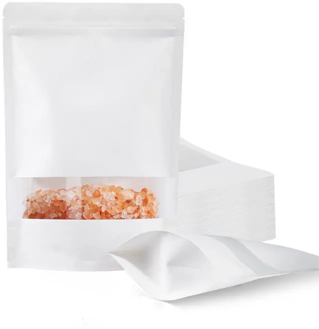 Main image of 100 Pcs Reaselable Bags, Out Size 5.5" x 7.9"(Inner Size 4.9" x 5") Stand Up Pouches White Paper Bags with Window, Zipper Food Storage Bags for Packaging Products, Reusable, Sealable