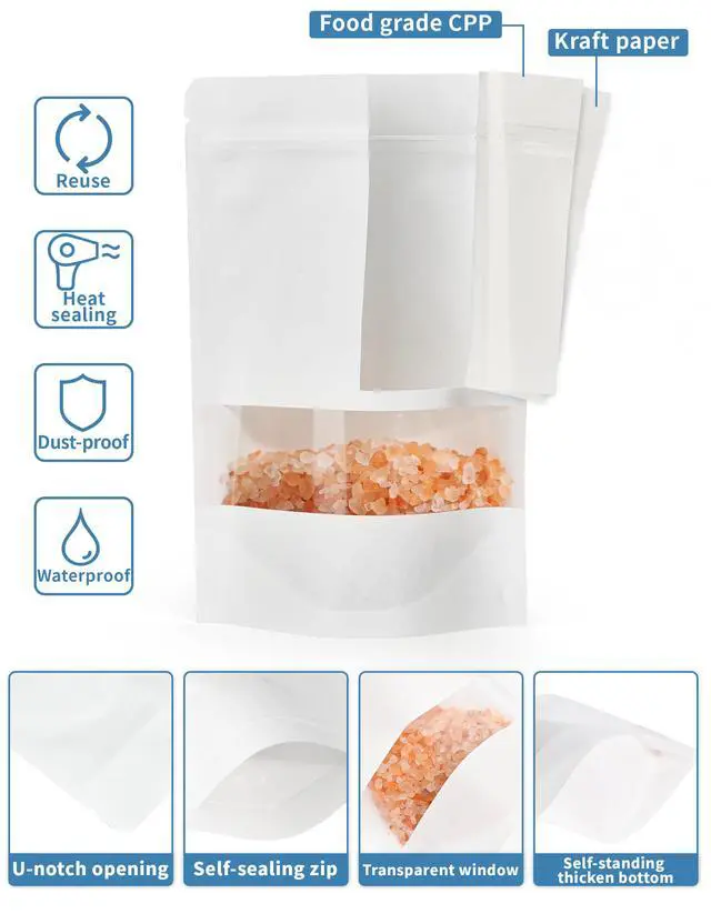 Alt view image 3 of 6 - 100 Pcs Reaselable Bags, Out Size 5.5" x 7.9"(Inner Size 4.9" x 5") Stand Up Pouches White Paper Bags with Window, Zipper Food Storage Bags for Packaging Products, Reusable, Sealable